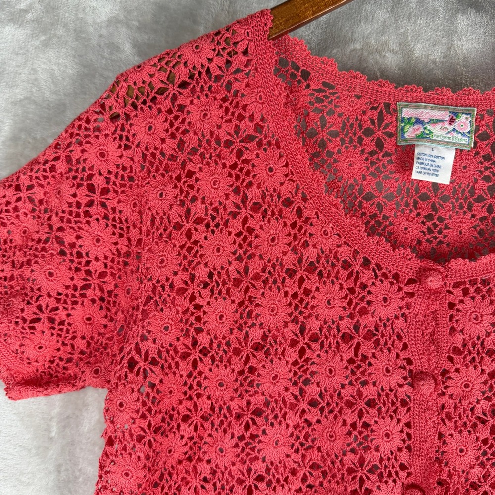 vintage Crochet Cotton Cardigan April Cornell Pink Floral Short Sleeve Button L - Picture 5 of 8